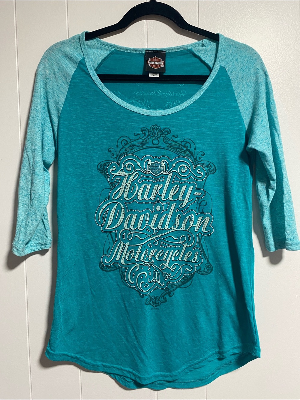 Harley-Davidson Teal and Aqua Raglan Graphic Tee 3/4 sleeve very soft